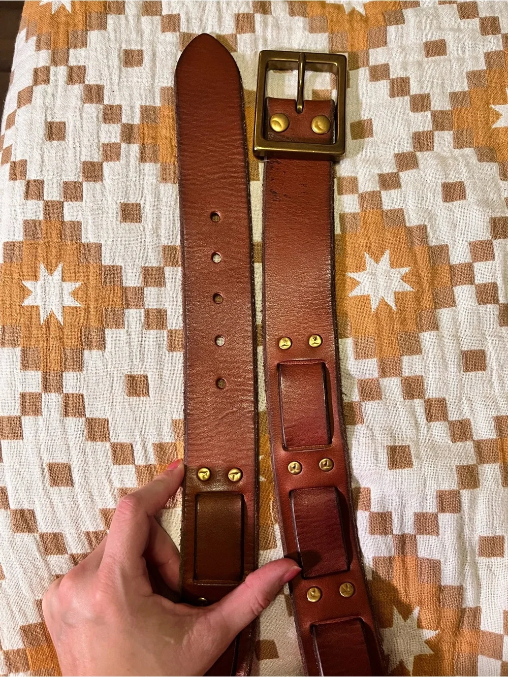 Lucky Brand brown woven leather studded belt men’s size 32 chunky brass buckle